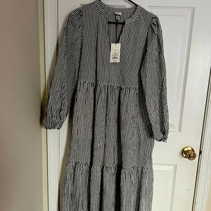 NWT. Maxi dress with grey and white stripes.